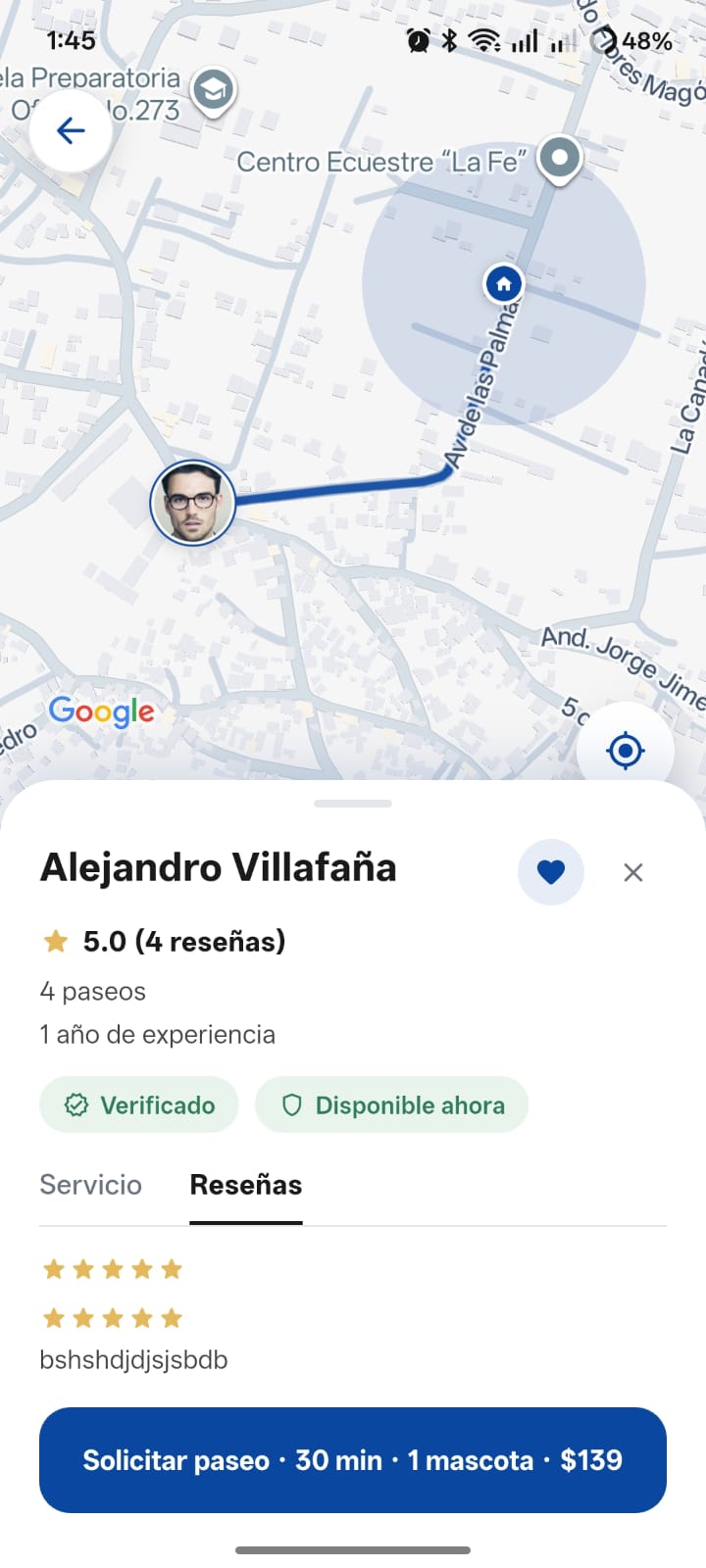 Perfil y reseñas de paseador en PatitasGo